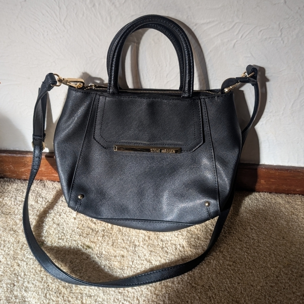 Steve Madden Black and Cream Satchel with Gold Detail
